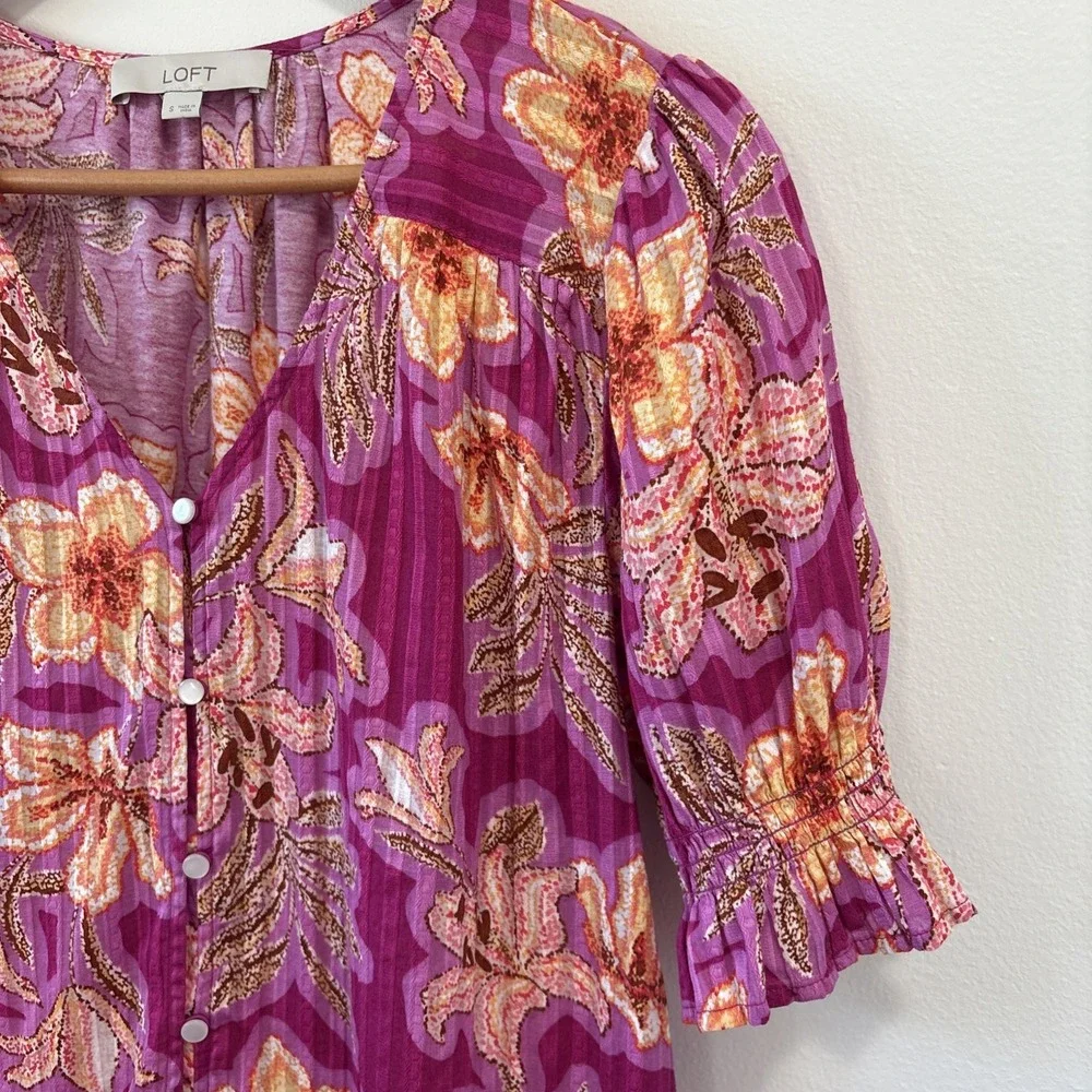 LOFT Floral Button-Front Top Womens S V-Neck Puff Sleeve Cotton
